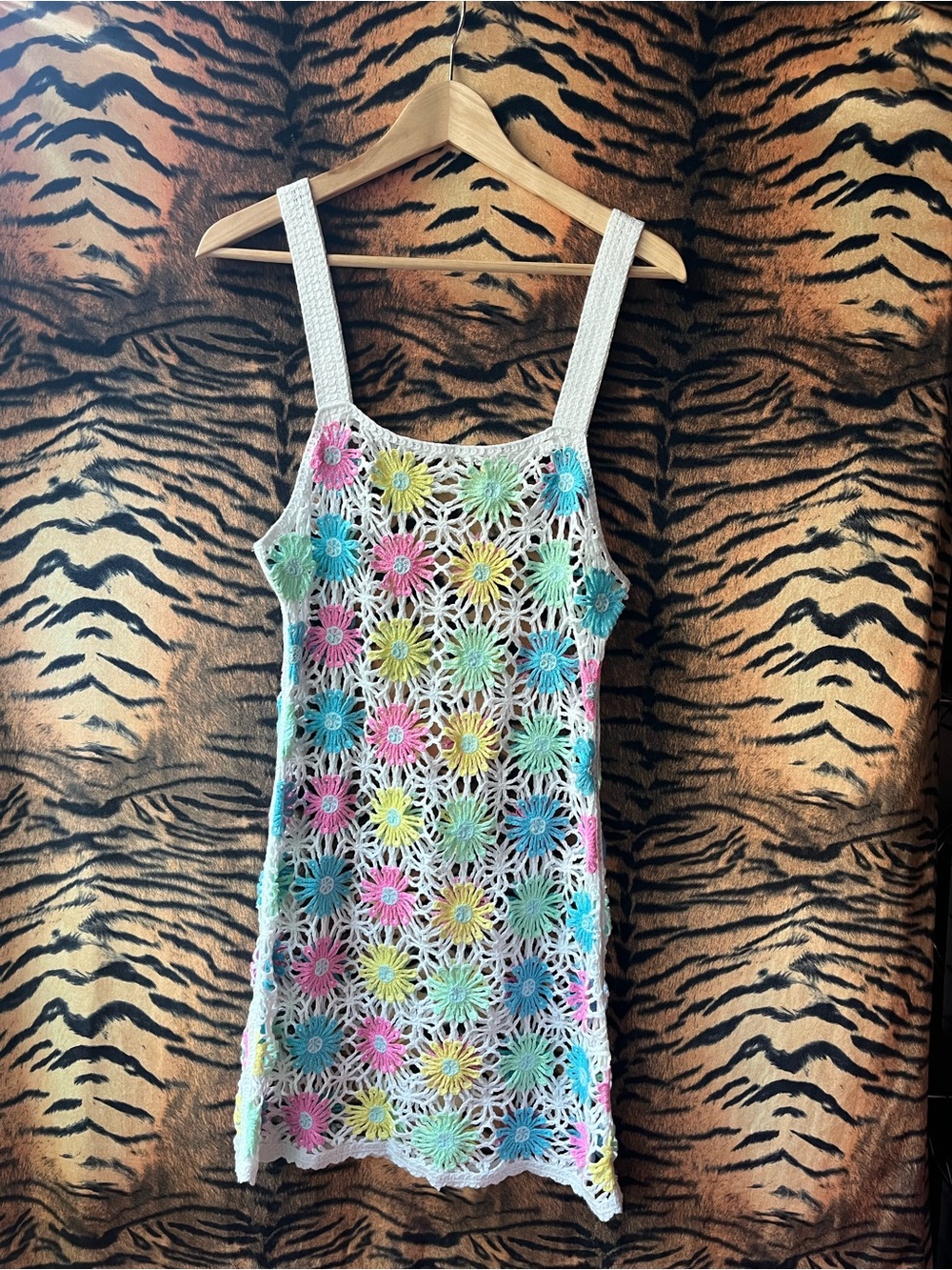 White Crochet Dress with Pastel Floral Accents